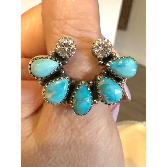 Bluebird Turquoise & Moissanite Diamond Naja Southwestern Ring Adjustable - Picture 5 of 6